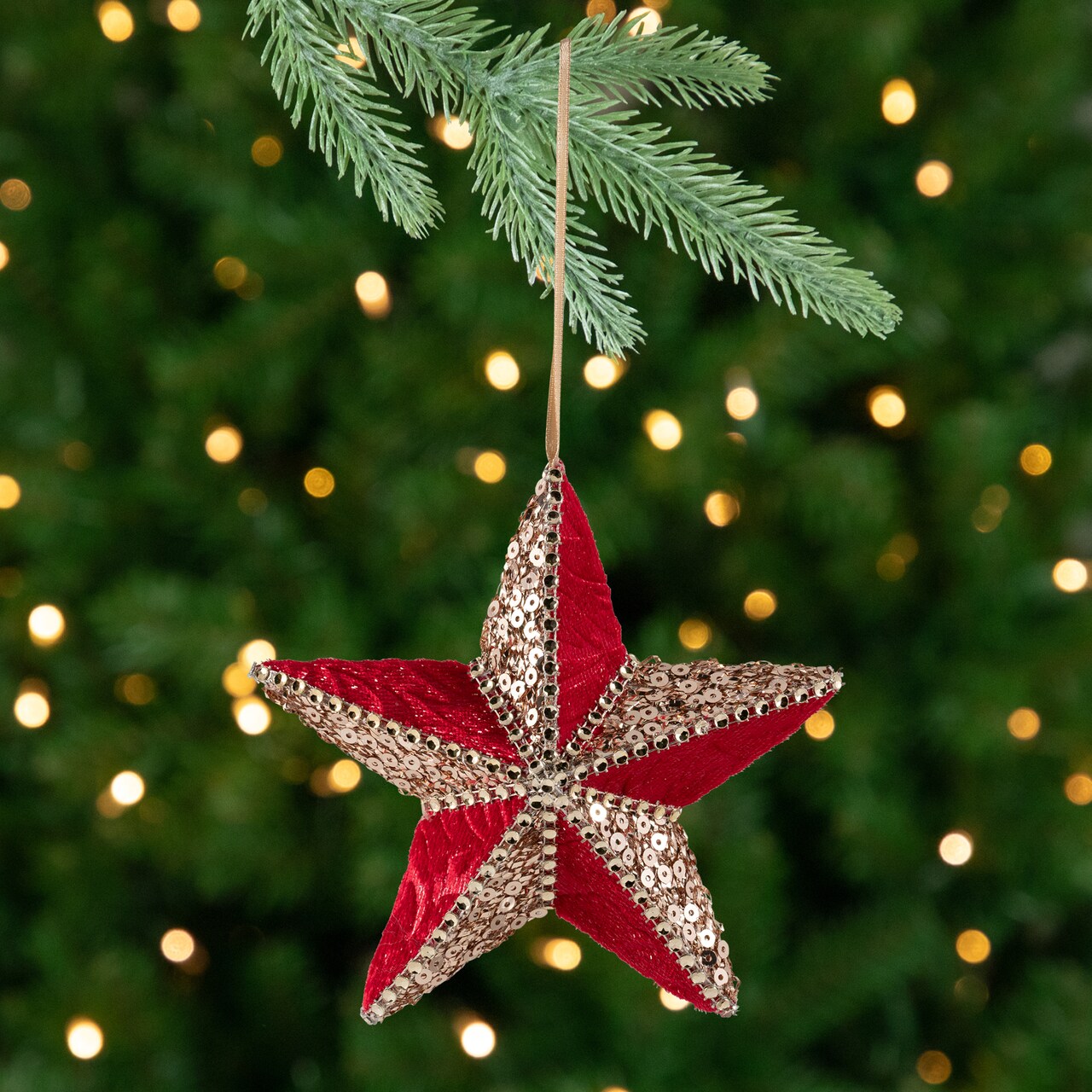 Northlight Sequined and Velveteen 5-Point Star Christmas Ornament - 6" - Gold and Red